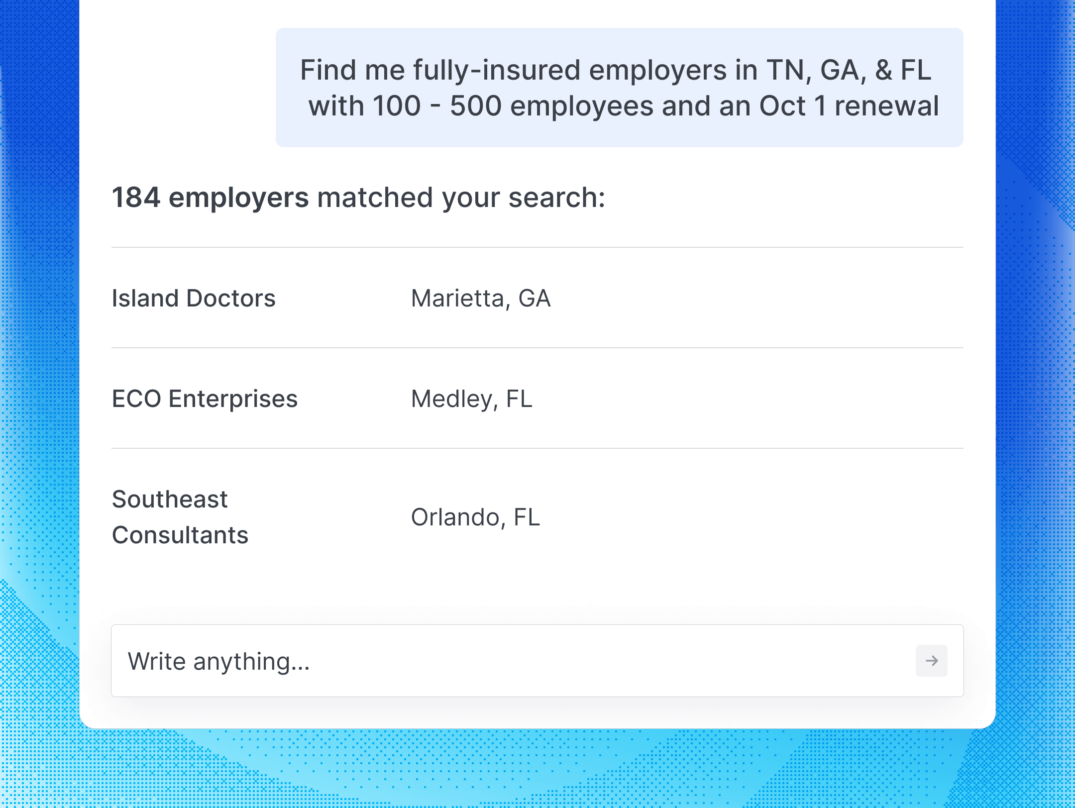The BenefitFlow MCP in an AI chat window answering a request for fully-insured employers in TN, GA, and FL with 100-500 employees and an October 1 renewal, returning 184 matched employers with their locations.