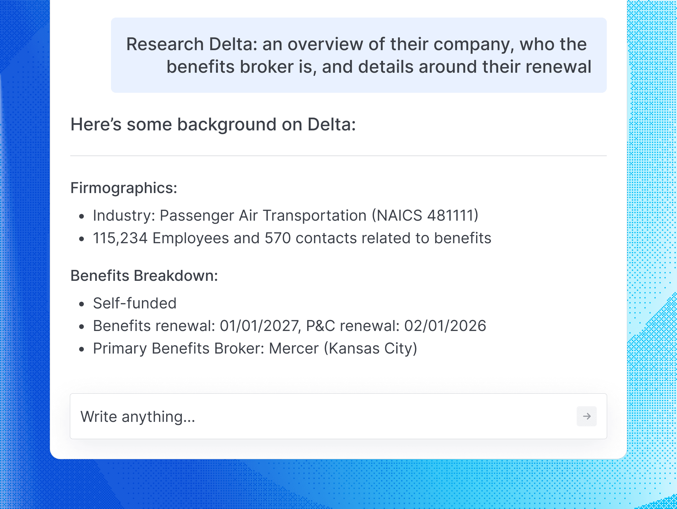 The BenefitFlow MCP returning a company profile for Delta, including industry and NAICS code, employee and benefits contact counts, self-funded status, benefits and P&C renewal dates, and the primary benefits broker.